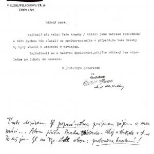 Dopis redakce Českého Slova projevující zájem o práce Bohumila Konečného s jeho vlastnoruční poznámkou (1935)